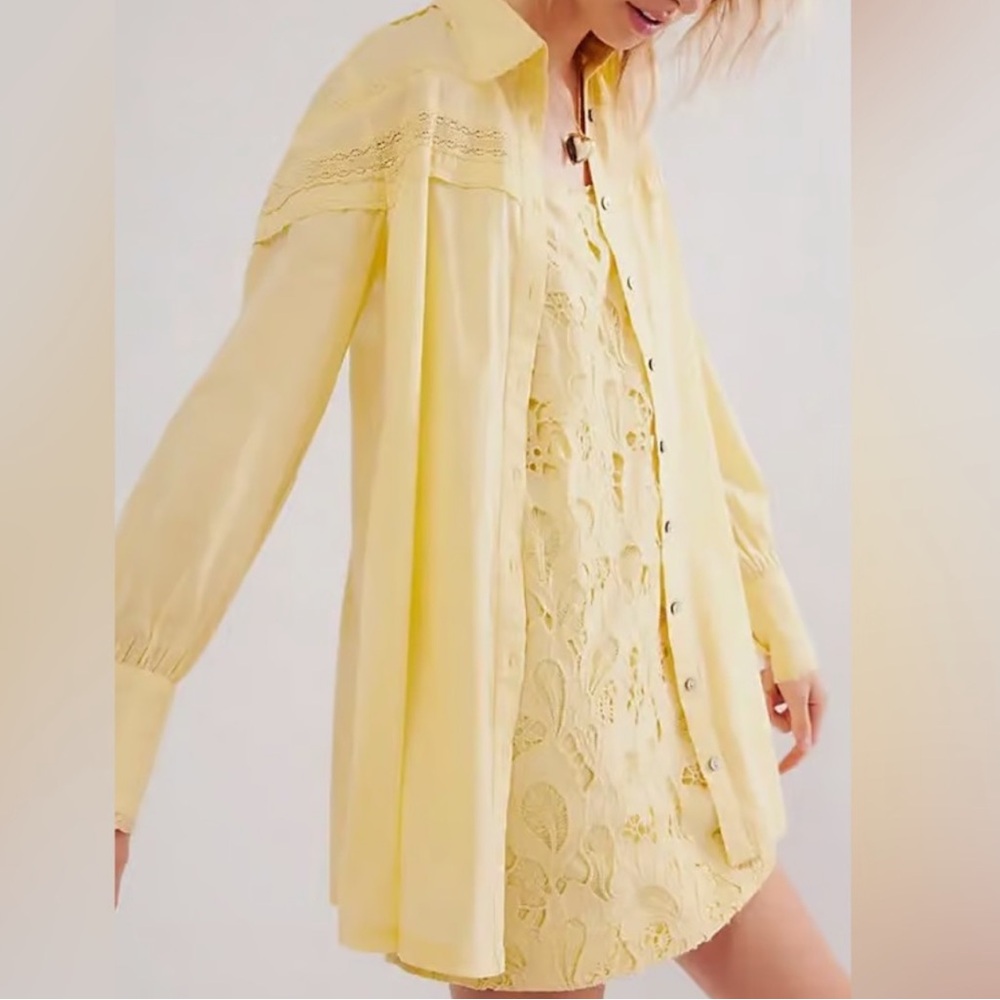 NWOT FREE PEOPLE co-ord Yellow Lace eyelet Dress Button-Up Shirt set size large - Picture 5 of 16